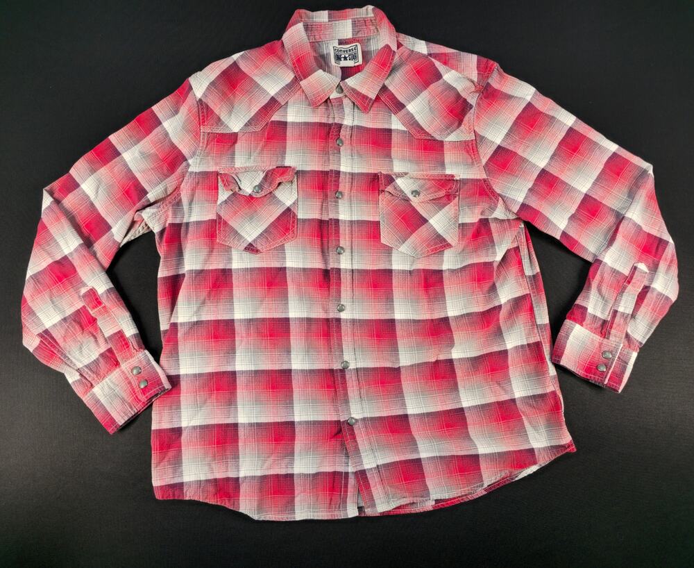 Converse One Star Western Plaid Snap Shirt Men's Large Red Gray 2010 Y2K‎ Style